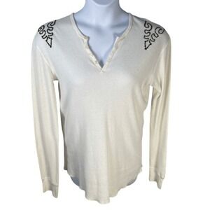 Gypsy 05 Ivory Henley Thermal Long Sleeve Top Embellished Cotton Boho XL USA